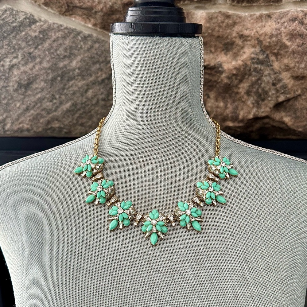 J Crew Teal and Crystal Cluster Flower Necklace